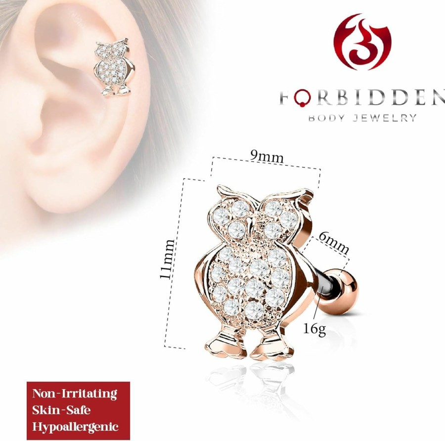 Forbidden Body Jewelry Body Piercing Studs | 16G Surgical Steel Cz Paved Owl Cartilage Stud Earring