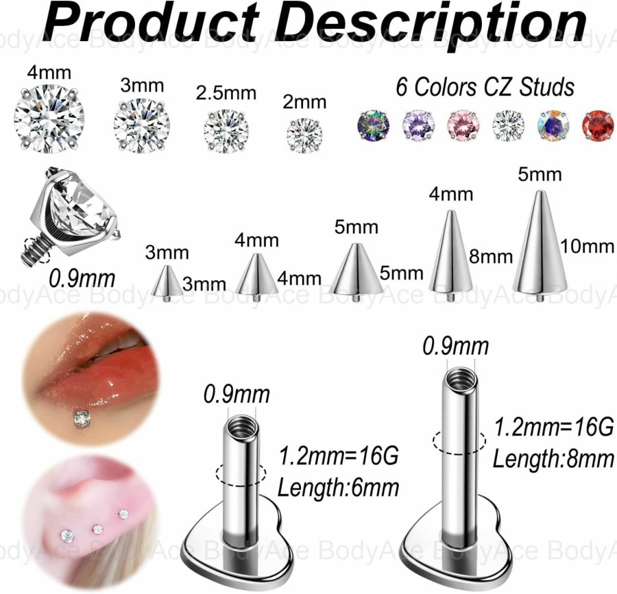 BodyAce Body Piercing Studs | Bodyace G23 Titanium Flact Back Earrings Lip Rings, 16G Stainless Steel Cartilage Helix Ear Studs, Cz Tragus Jewelry Lobe Lip Piercing For Women Men