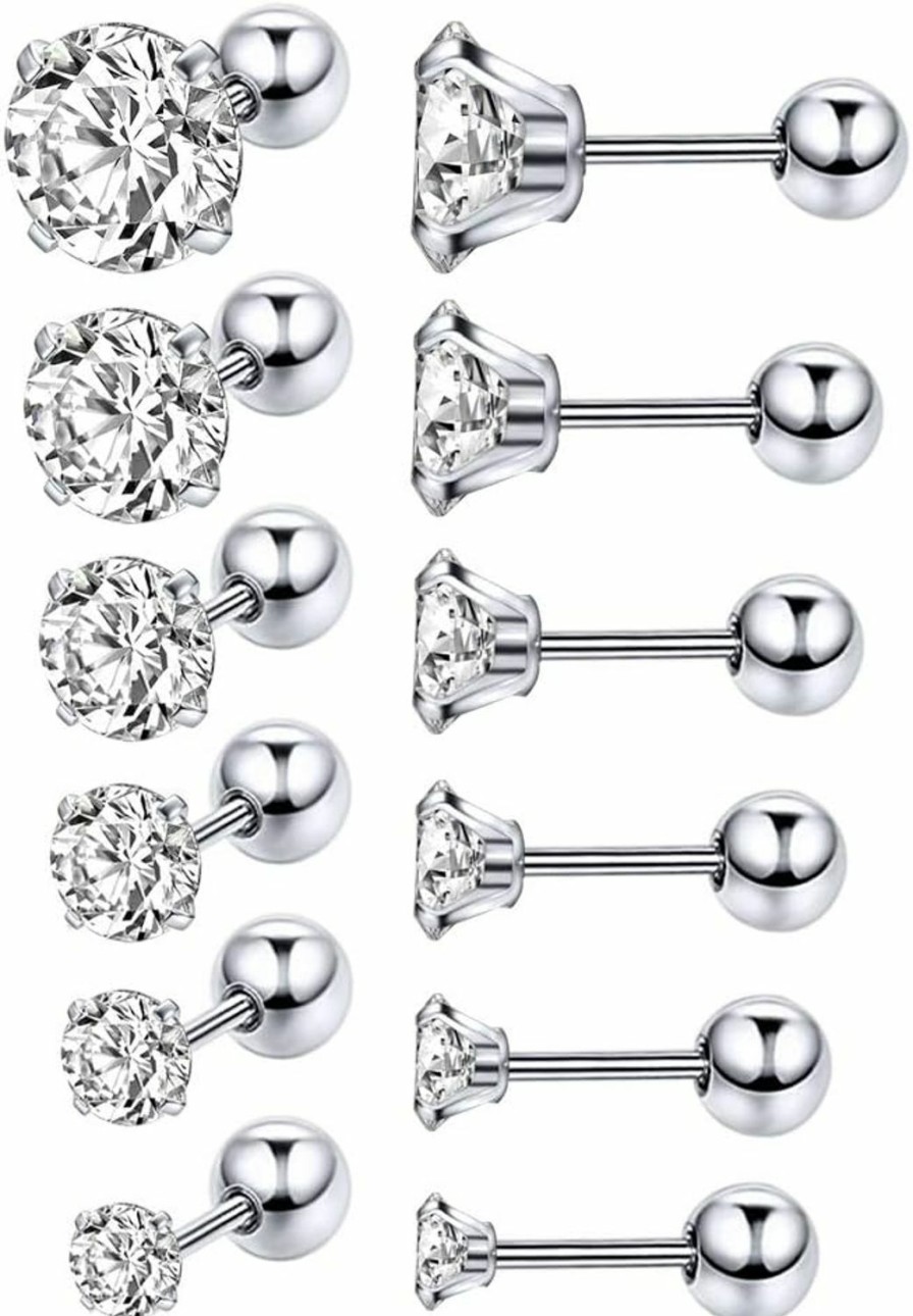 ZS Body Piercing Studs | 6 Pairs Shiny Round Cubic Zirconia Surgical Steel Stud Earrings Tragus Helix Conch Piercing Cartilage Sets