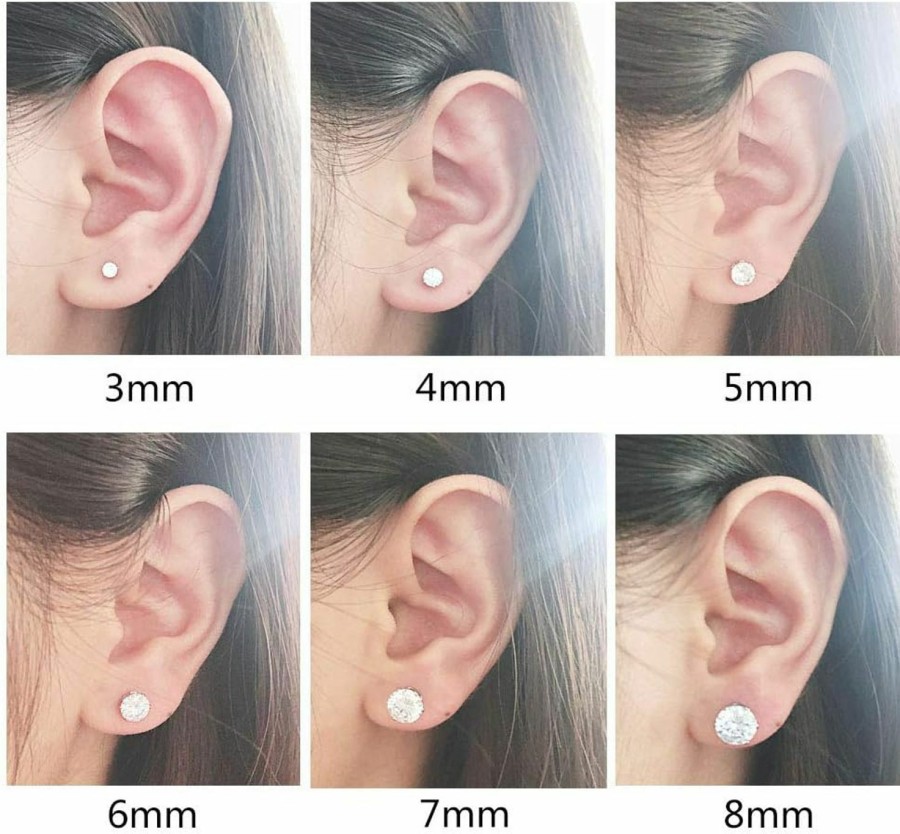 ZS Body Piercing Studs | 6 Pairs Shiny Round Cubic Zirconia Surgical Steel Stud Earrings Tragus Helix Conch Piercing Cartilage Sets