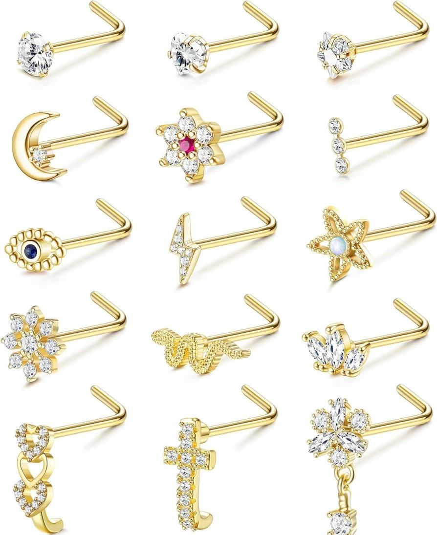 LOLIAS Body Piercing Studs | Lolias 15Pcs 20G Nose Rings Studs L Shaped Corkscrew Nose Rings For Women Men Cubic Zirconia Dangling Star Moon Flower Heart Cute Nose Studs Piercing Jewelry Silver Gold Tone