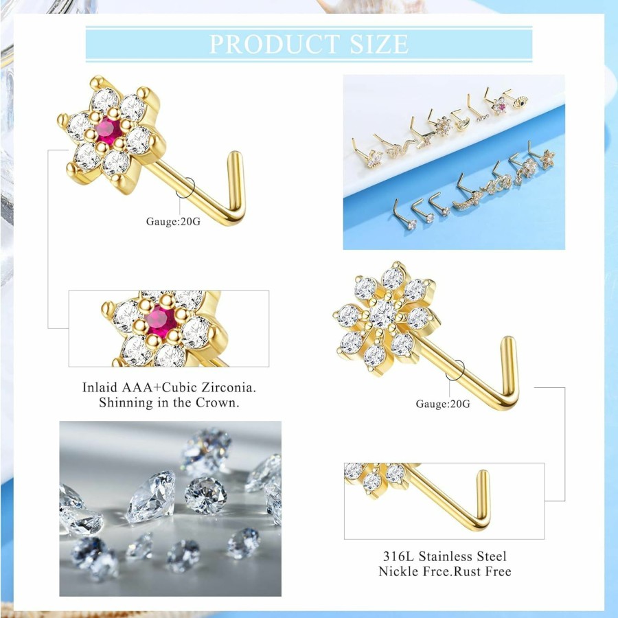 LOLIAS Body Piercing Studs | Lolias 15Pcs 20G Nose Rings Studs L Shaped Corkscrew Nose Rings For Women Men Cubic Zirconia Dangling Star Moon Flower Heart Cute Nose Studs Piercing Jewelry Silver Gold Tone