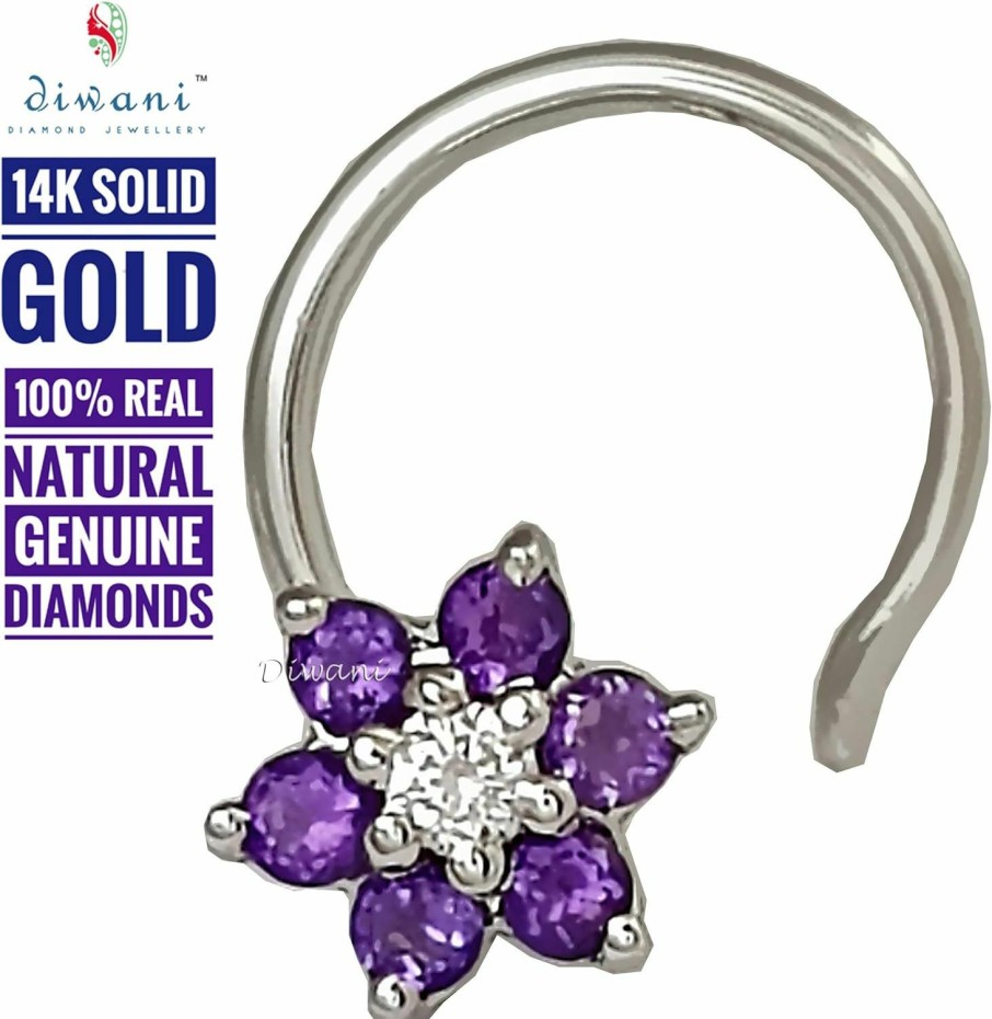 DIWANI Body Piercing Studs | Diwani 14K Gold Gii Certified 6 Pcs Natural Amethyst And 1 Pc Natural Diamond Flower Indian Wedding Bridal Nose Piercing Ring Stud Pin (0.020 Cents, G-H Color) 20 Gauge Thick 5.0Mm Length Post Wire