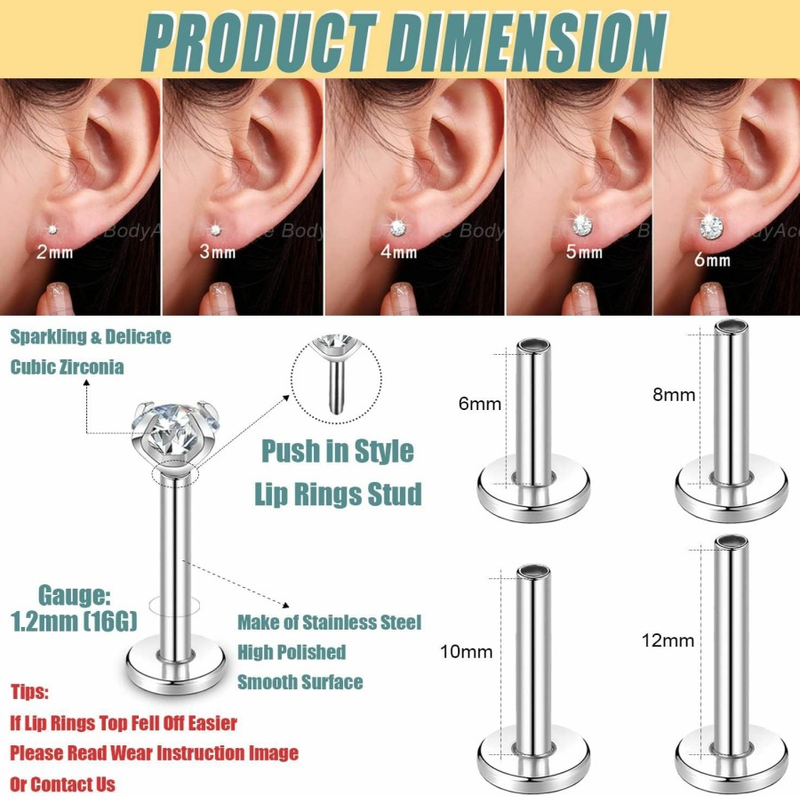 BodyAce Body Piercing Studs | Bodyace 10Pcs Push-In Tragus Cartilage Earring, 16G 18G 20G Threadless Lip Rings Labret Studs, Nose Studs Helix Conch Piercing Jewelry With Piercing Disc