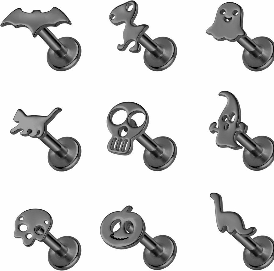 ZS Body Piercing Studs | Zs 16G Black Lip Labret Studs, Stainless Steel Internally Threaded Jewelry For Conch Medusa Piercing, Halloween Bat Skull Ghost Forward Helix Tragus Earring For Women Men