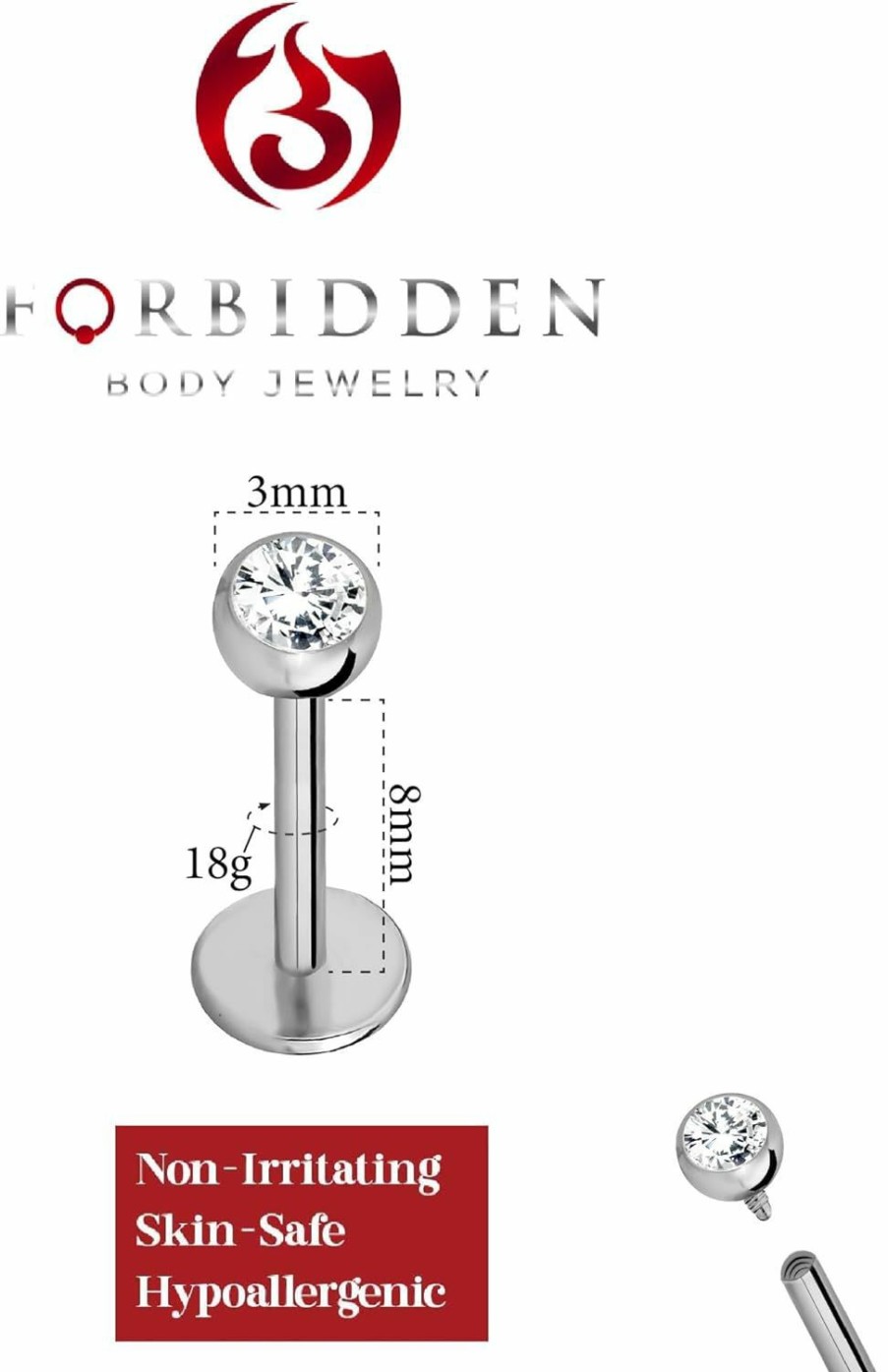 Forbidden Body Jewelry Body Piercing Studs | Forbidden Body Jewelry 16G-18G Internally Threaded Solid Titanium Tragus/Helix Earring/Labret Stud With Cz Ball Top