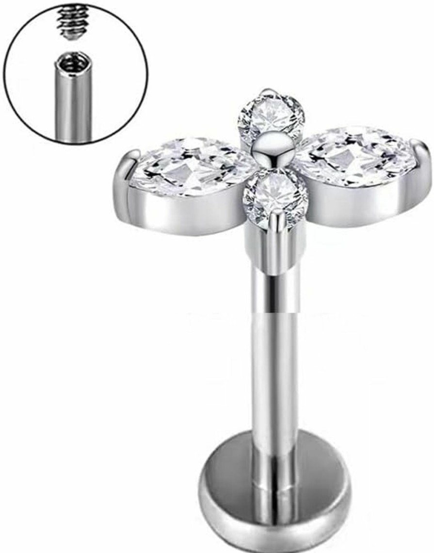 ZETSHION Body Piercing Studs | 16G Flower Cartilage Earring For Women Girls Titanium Silver Cubic Zirconia Crystal Internally Threaded Flat Screw Back Stud Earrings Tragus Helix Conch Lip Rings Medusa Daith Cz Piercing Jewelry