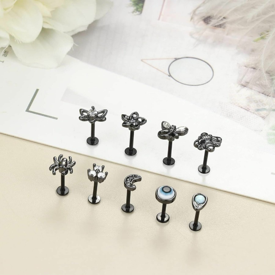 Sanfenly Body Piercing Studs | Sanfenly 9Pcs 16G Stainless Steel Cz Internally Threaded Labret Monroe Lip Studs Helix Cartilage Tragus Earring Nose Piercing Jewelry