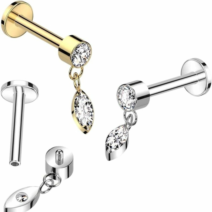 Amelia Fashion Body Piercing Studs | Amelia Fashion 16 Gauge Implant Grade Titanium Internally Threaded Labret With Round Bezel Set Cz And Marquise Cz Dangle Top (Choose Color)