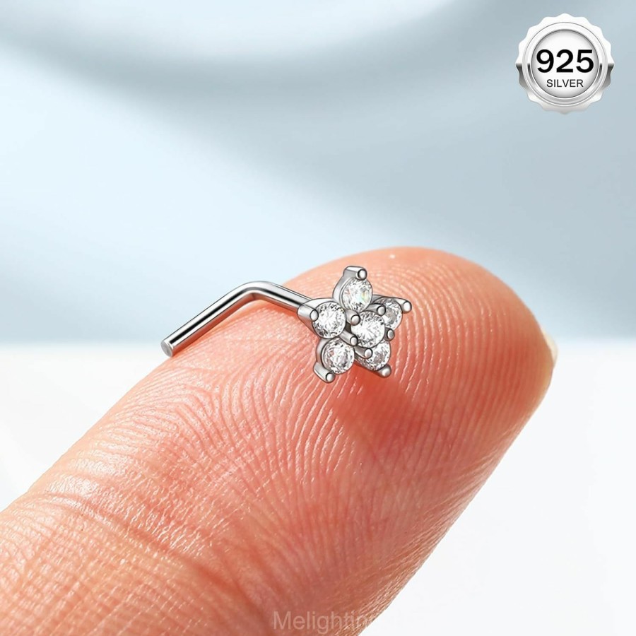 Melighting Body Piercing Studs | Meiighting 925 Sterling Silver Flower Nose Stud L Shaped Nose Ring 20G Solid Silver Nose Piercing Jewelry Clear Cz For Women Men Nostril Piercing