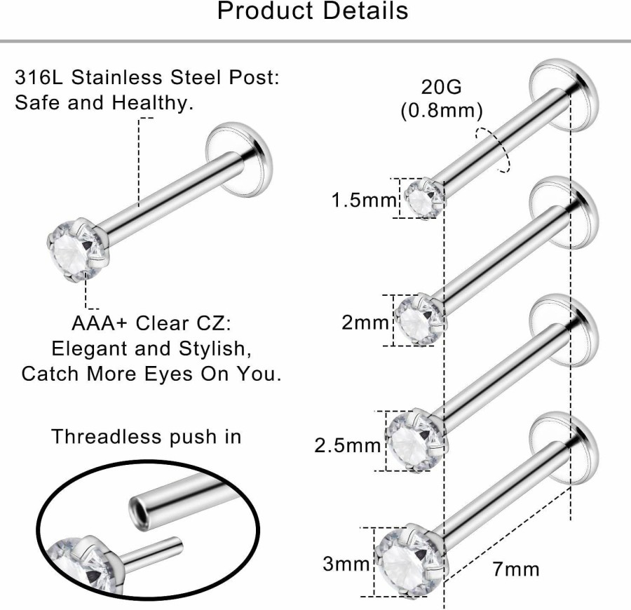 Lcolyoli Body Piercing Studs | Lcolyoli 20G 18G Threadless Push In Flat Back Earrings For Women Tragus Piercing Jewelry Cartilage Earring Surgical Steel Nose Rings Studs Nose Piercings Nostril Jewelry