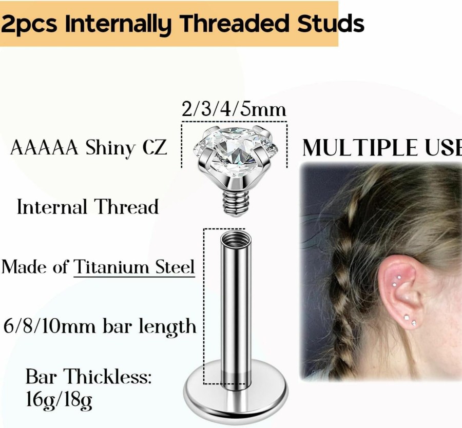 PunkTracker Body Piercing Studs | Punktracker Titanium Steel 16G/18G Internal Thread Cz Stud Piercing Jewelry For Tragus/Nose/Helix/Conch/Medusa/Lip/Daith/Labret - Helix Tragus Cartilage Earring For Women Men 2Pcs