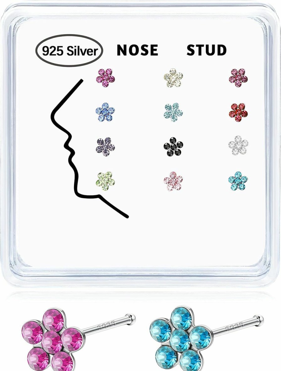 IRONBOX Body Piercing Studs | Ironbox 12Pcs 22G Nose Studs For Women Men 925 Sterling Silver Inlaid 3Mm Round Heart Flower Austrian Cubic Zirconia Nose Rings Stud Multicolor Nose Body Piercing Jewelry With Box