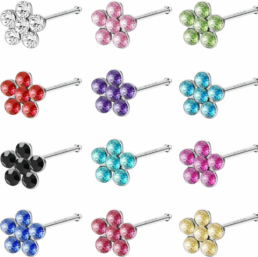 IRONBOX Body Piercing Studs | Ironbox 12Pcs 22G Nose Studs For Women Men 925 Sterling Silver Inlaid 3Mm Round Heart Flower Austrian Cubic Zirconia Nose Rings Stud Multicolor Nose Body Piercing Jewelry With Box