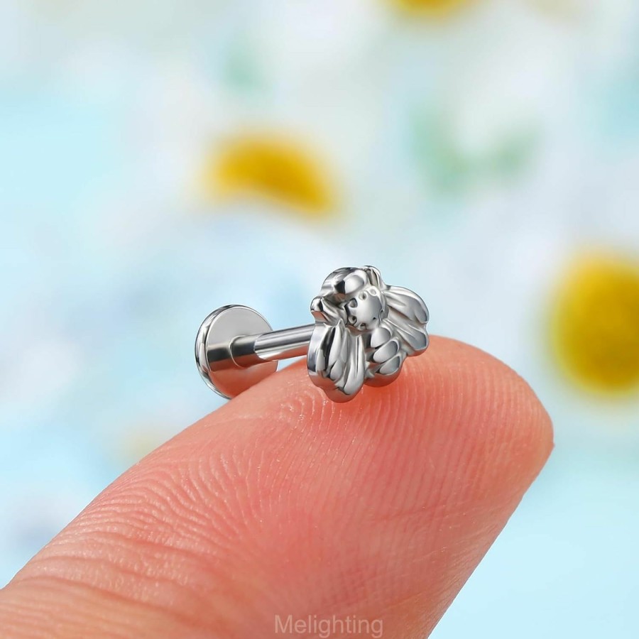 Melighting Body Piercing Studs | Melighting Bee Threadless Earring 16G Flat Back Earring Stainless Steel 316L Bee Tragus Piercing Jewelry 8Mm Threadless Push In Earring Stud For Women