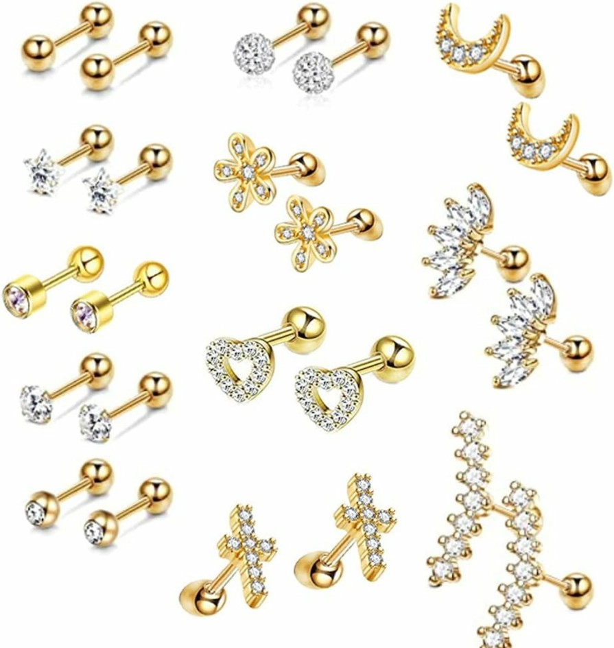 NewZenro Body Piercing Studs | 12 Pairs Cz Stud Earrings 16G Cartilage Earring Set Tragus Helix Surgical Stainless Steel Cubic Zirconia Stud Tiny Ball Screw Backs Ear Auricle Cute Love Heart Flower Barbell Piercing Set For Women Girls