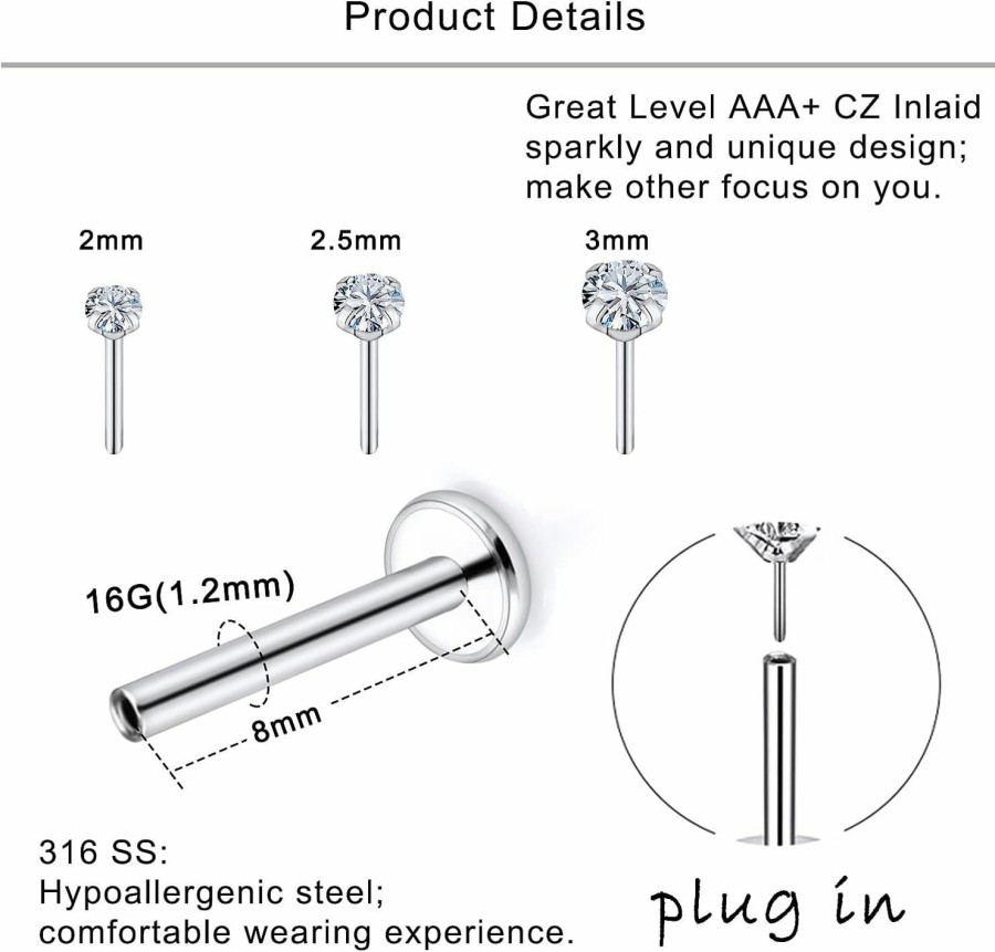 Lcolyoli Body Piercing Studs | Lcolyoli 16G 18G 20G Threadless Push In Nose Rings Studs For Women Diamond Cz 2Mm 2.5Mm 3Mm Surgical Steel Cartilage Earrings Tragus Earrings Helix Piercing Jewelry Threadless Earring