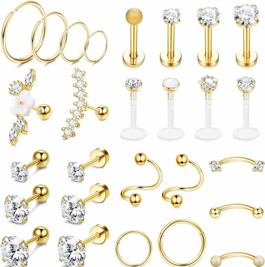 Ubjuliwa Body Piercing Studs | Ubjuliwa 27Pcs 16G Cartilage Earrings Stud Hoop For Women Stainless Steel Forward Helix Piercing Tragus Earrings Conch Piercing Jewelry