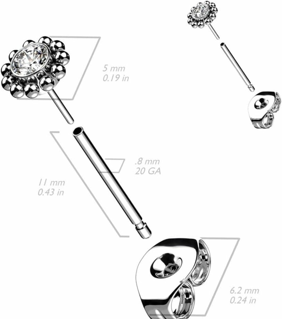 Pierced Owl Body Piercing Studs | 20Ga G23 Implant Grade Titanium Threadless Round Cz Crystal With Balls Outside Stud Earrings, Sold As A Pair