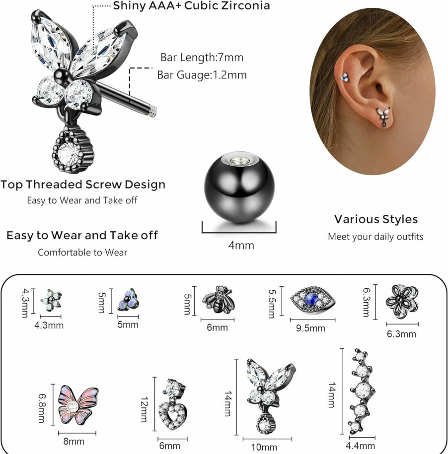 FIBO STEEL Body Piercing Studs | Fibo Steel 16G Black Cartilage Earrings Tragus Earrings Studs For Women Stainless Steel Cubic Zirconia Stud Earrings Forward Helix Earrings Piercing Jewelry Black