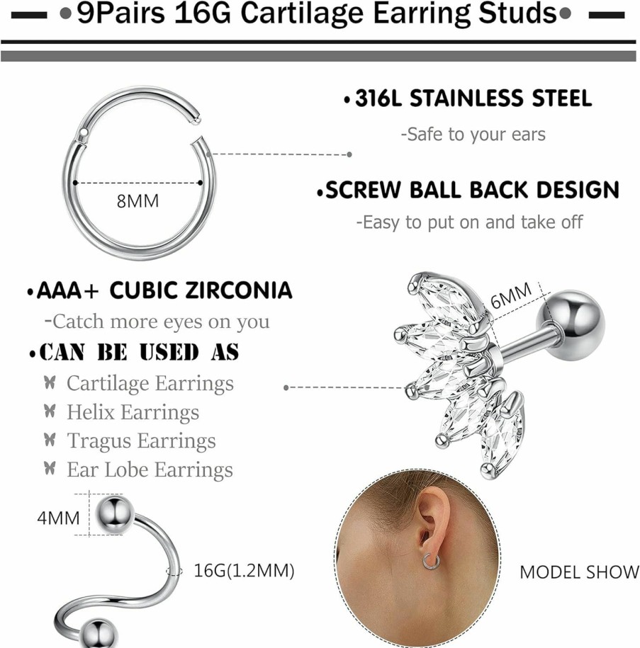 Drperfect Body Piercing Studs | Drperfect 9Pairs 16-18G Stainless Steel Cartilage Helix Tragus Conch Earrings Studs Hoops For Women Cz Barbell Studs Hoops Earring Piercing Jewelry