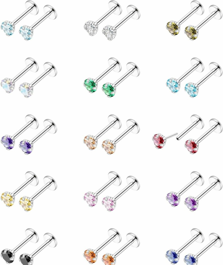 LOAYHOAY Body Piercing Studs | Loayhoay 15 Pairs 20G 316L Stainless Steel Threadless Stud Earrings For Women Men Cartilage Helix Tragus Stud Earrings Small Cz Labret Monroe Studs Push In Nose Studs 2-3Mm Ear Piercing Jewelry Set