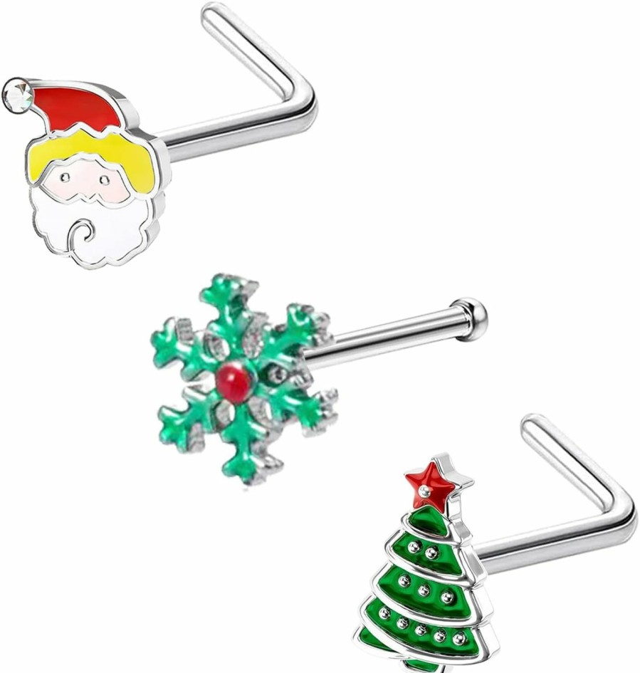 VERAMI Body Piercing Studs | Verami 3Pcs Nose Ring Studs Pack 20G Christmas Nose Studs Cute Surgical Steel Nose Rings Xmas Christmas Tree Santa Snow Nose Stud Piercing Jewelry For Women Men