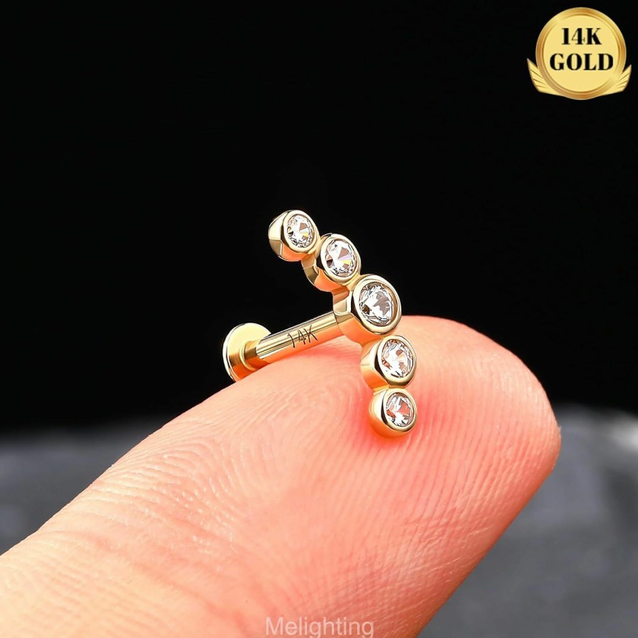 Melighting Body Piercing Studs | Melighting 14K Solid Gold Cartilage Earring 16G Gold Curved Helix Piercing Jewelry Internally Threaded Curved Cz Gold Conch Piercing Jewelry Helix Earring For Women 8Mm