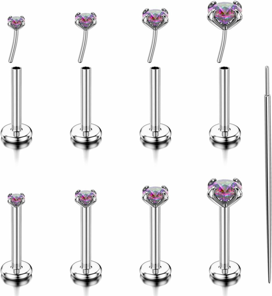 TOPBRIGHT Body Piercing Studs | Topbright 8Pcs 20G Flat Back Earrings 316L Surgical Steel Threadless Tragus Cartilage Nose Stud Push Pin Lip Stud Rings Medusa Piercing Jewelry Hypoallergenic Colorful