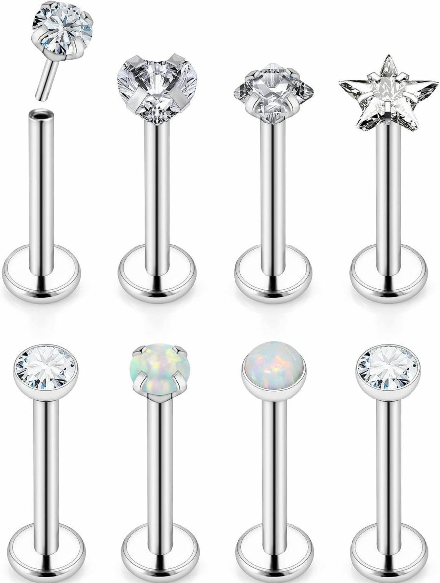 Ocptiy Body Piercing Studs | Ocptiy 20G 18G 16G Push In Theadless Nose Rings Studs Hypoallergenic Lip Labret Medusa Monroe Ring Stainless Steel Flat Back Cartilage Helix Tragus Earrings For Women Men 6Mm 7Mm 8Mm Bar Diamond 3Mm