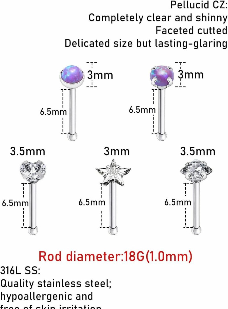 Kridzisw Body Piercing Studs | Kridzisw 18G 20G Opal Nose Rings Stud Stainless Steel Hypoallergenic Nose Nostril Rings Piercing Jewelry For Women Men Cubic Zirconia 2Mm 2.5Mm 3Mm