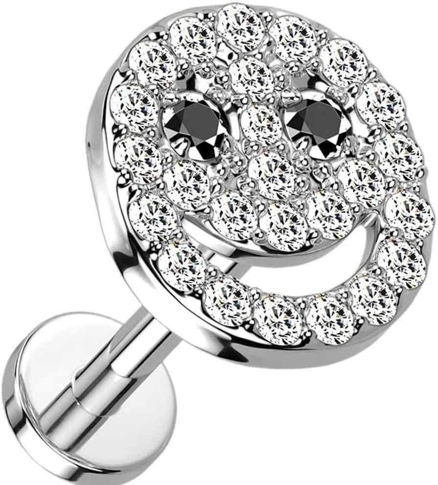 Amelia Fashion Body Piercing Studs | Amelia Fashion 16 Gauge Cz Paved Smiley Face With Black Cz Eyes On Internally Threaded 316L Surgical Steel Flat Back Stud For Labret, Monroe, Cartilage And More