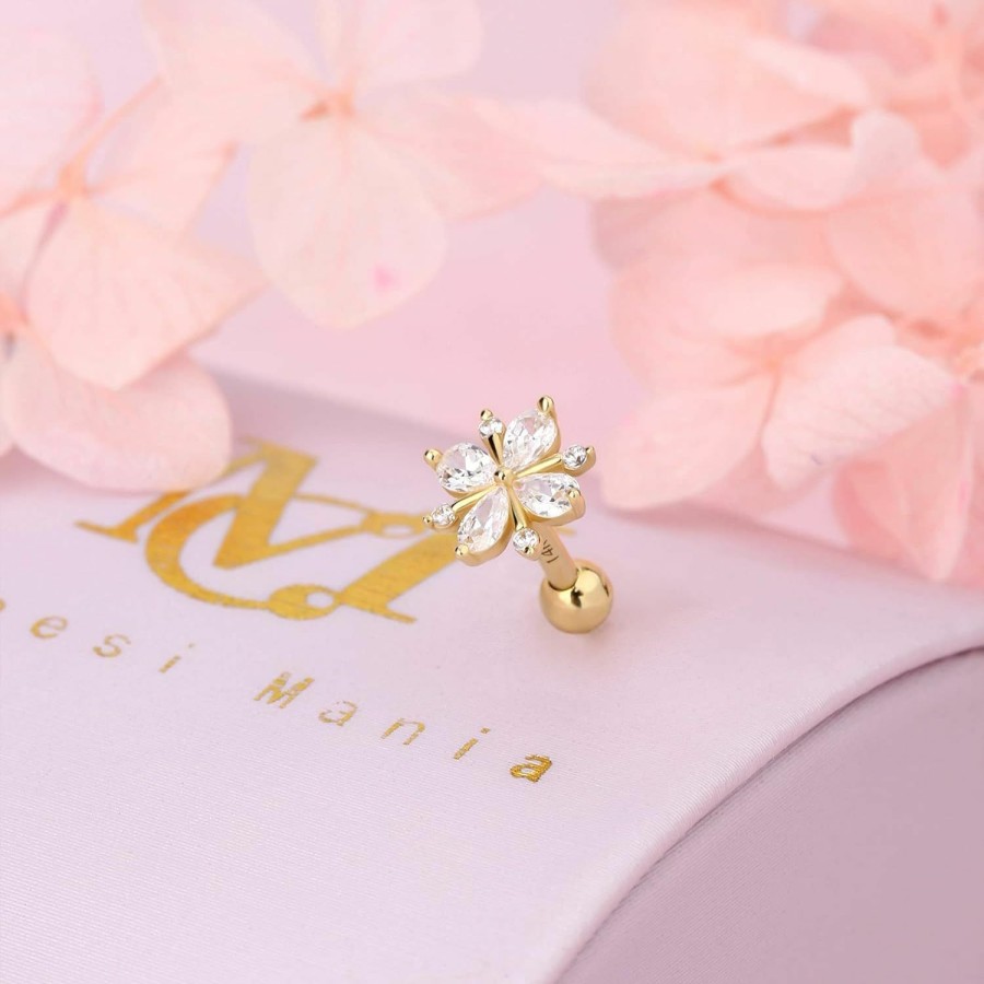 CM Crareesi Mania Body Piercing Studs | Cm Crareesi Mania 14Kt Yellow Gold Tragus Piercing Jewelry 16G Cute Flower Cartilage Earrings 14K Real Gold Helix Piercing Jewelry Clear Cubic Zirconia Forward Helix Piercing Jewelry