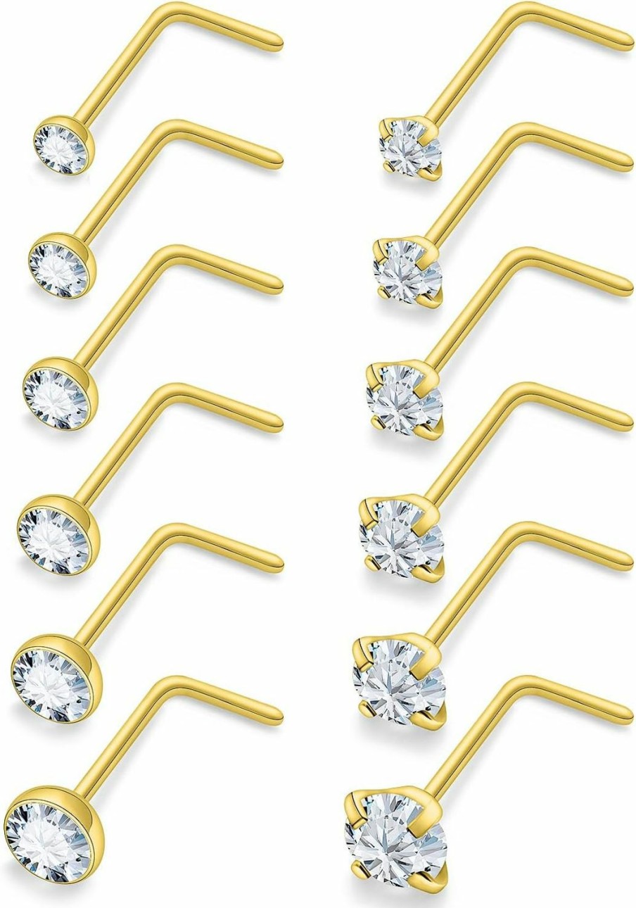 Uzgtvy Body Piercing Studs | Uzgtvy 18G 20G 22G L Shaped Nose Rings Studs Surgical Steel Silver Gold Nose Nostril Piercing Jewelry For Women Men Girls Cz 1.5Mm 2Mm 2.5Mm 3Mm 3.5Mm 4Mm 12Pcs