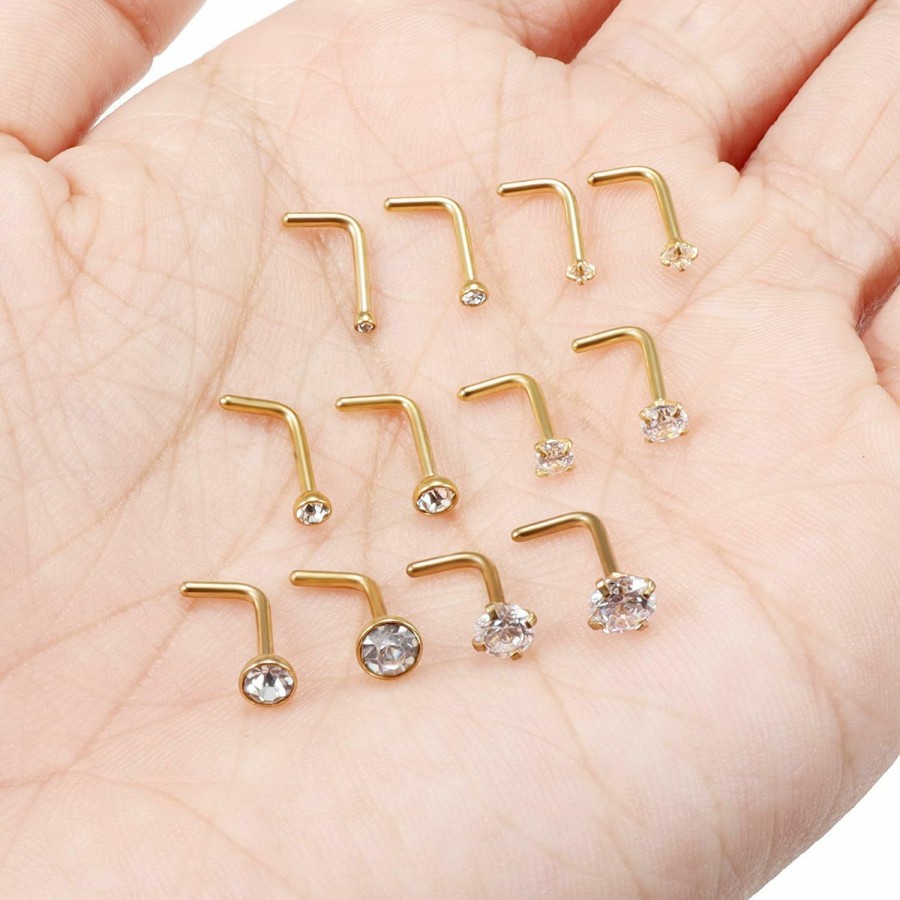 Uzgtvy Body Piercing Studs | Uzgtvy 18G 20G 22G L Shaped Nose Rings Studs Surgical Steel Silver Gold Nose Nostril Piercing Jewelry For Women Men Girls Cz 1.5Mm 2Mm 2.5Mm 3Mm 3.5Mm 4Mm 12Pcs