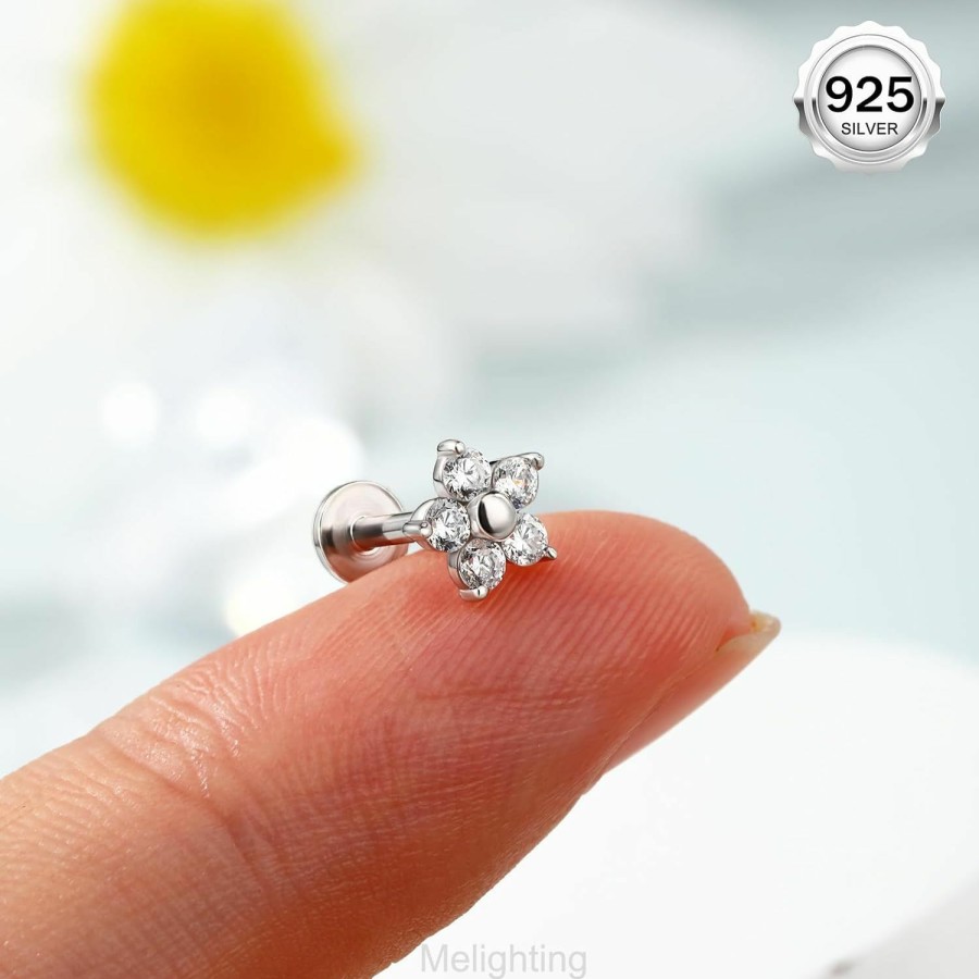 Melighting Body Piercing Studs | Melighting Sterling Silver 925 Cartilage Earring Internally Threaded 16G Flower Silver Helix Piercing Jewelry Clear Cz Silver Flat Back Earring Tragus Piercing Jewelry 8Mm