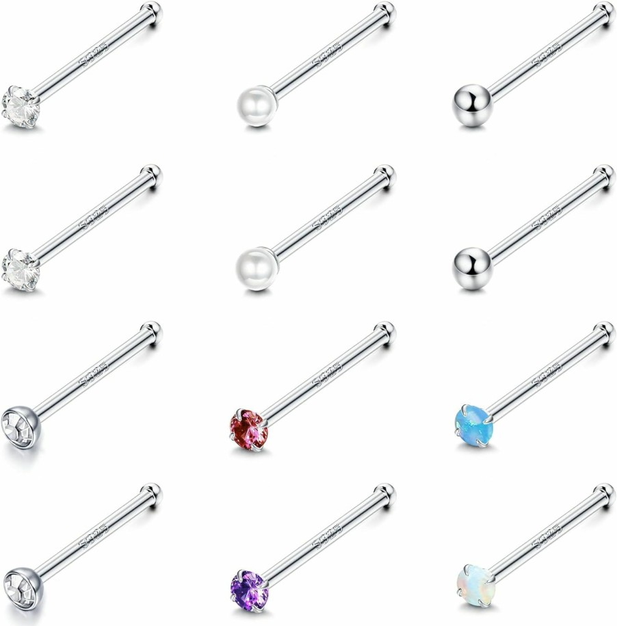 ZZHDCC Body Piercing Studs | Zzhdcc Nose Studs 12Pcs 20G 925 Sterling Silver Nose Rings For Women Men 1.5Mm Pearl Ball Opal Multi Color Cz Nose Rings Studs Set Nostril Cartilage Nose Piercings Body Jewelry