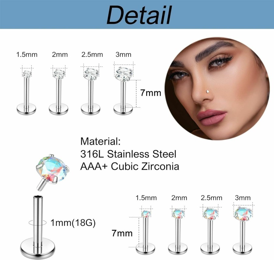 ZELORES Body Piercing Studs | Zelores Threadless Pushin Nose Studs 18G 20G Flat Back Lip Rings Stainless Steel Labret Stud Tragus Helix Monroe Medusa Piercing Jewelry For Women Men Cz Nose Piercing Jewerly 1.5Mm 2Mm 2.5Mm 3Mm