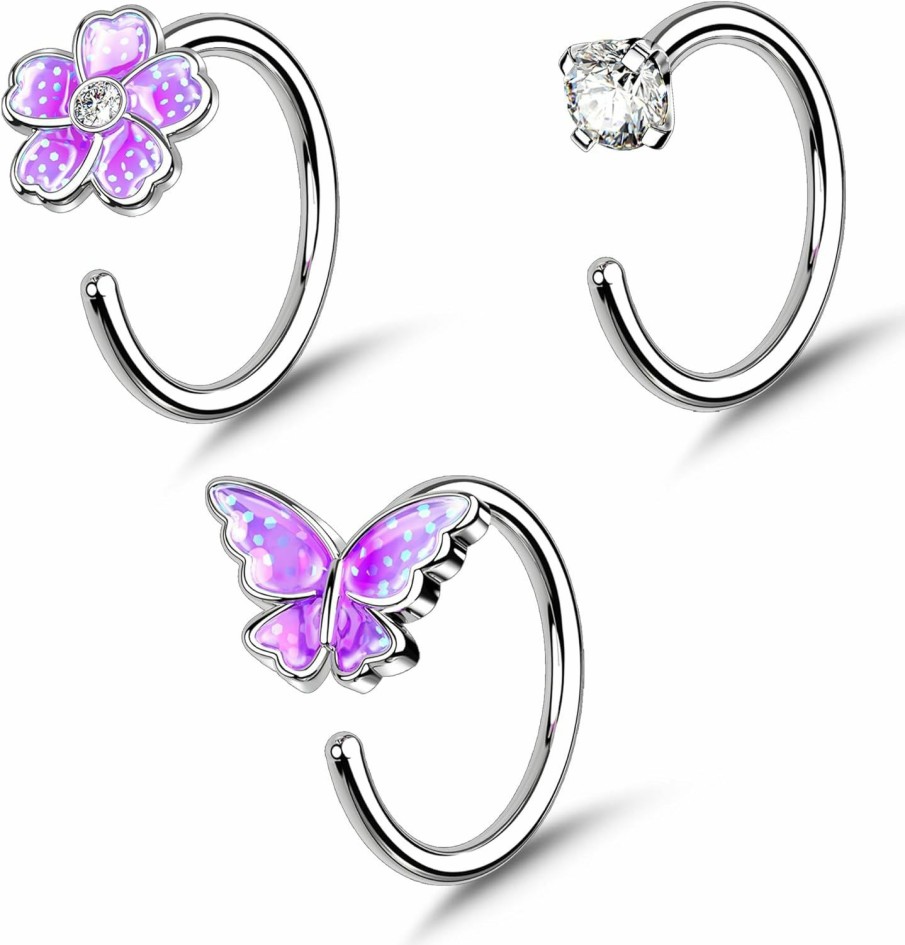 Melighting Body Piercing Studs | Meiighting 3Pcs Pink Butterfly Nose Rings 20G Flower Nose Studs Surgical Steel 316L Clear Cz Nose Piercing Jewelry C Shaped For Women 8Mm Spring Piercing Jewerly