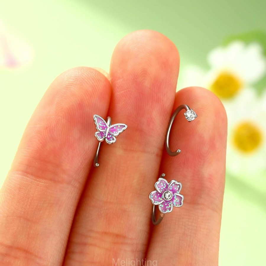 Melighting Body Piercing Studs | Meiighting 3Pcs Pink Butterfly Nose Rings 20G Flower Nose Studs Surgical Steel 316L Clear Cz Nose Piercing Jewelry C Shaped For Women 8Mm Spring Piercing Jewerly