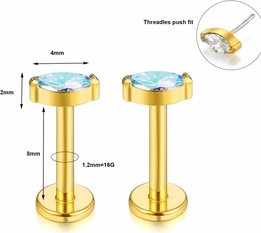 ENONTY Body Piercing Studs | Enonty 1 Pair 16G G23 Titanium Threadless Labret Studs Push-In Cz Labret Lip Cluster Tragus Helix Conch Lobe Rook Cartilage Push Back Sleeper Earring Piercing Jewelry For Men Women