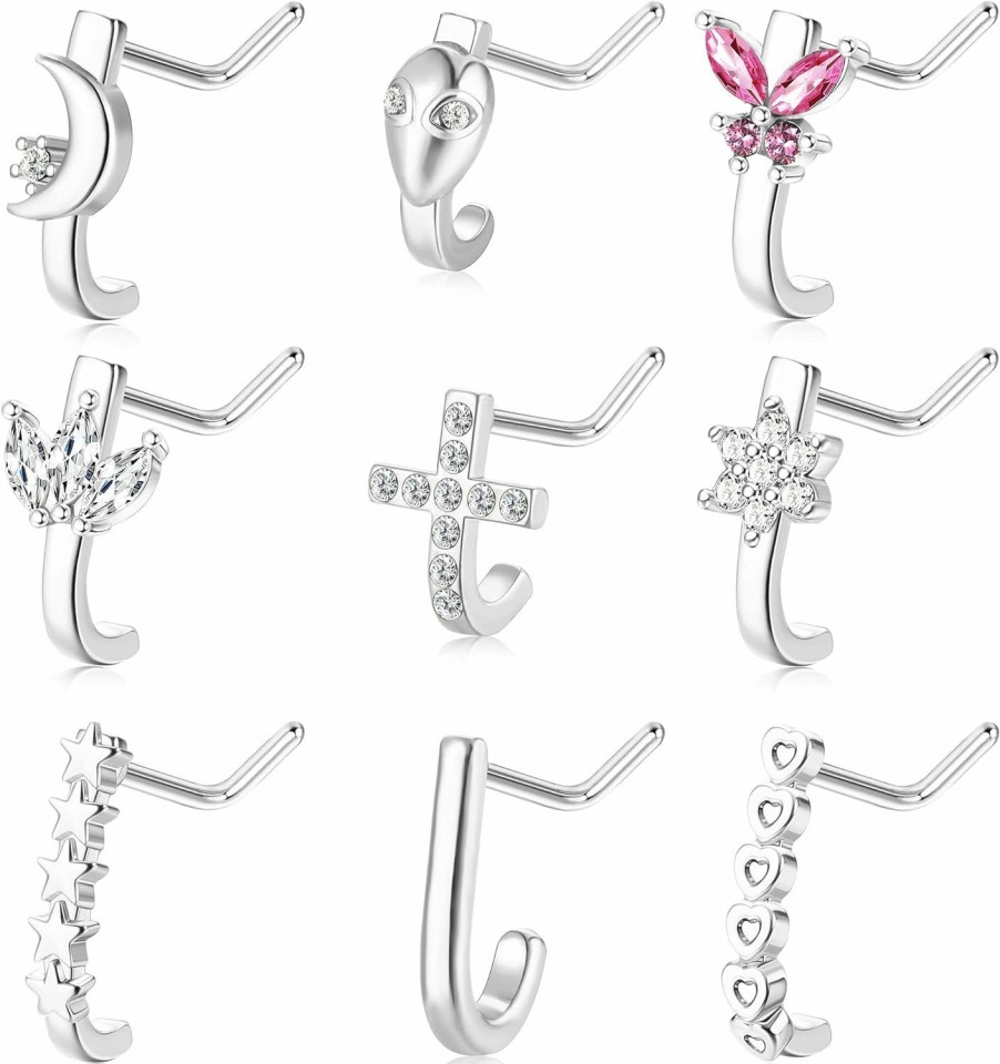 ORAZIO Body Piercing Studs | Orazio 9Pcs 20G Nose Stud Nose Rings L Shaped For Women Stainless Steel Nose Studs Cubic Zirconia Star Alien Flower Nose Piercing Jewelry Set