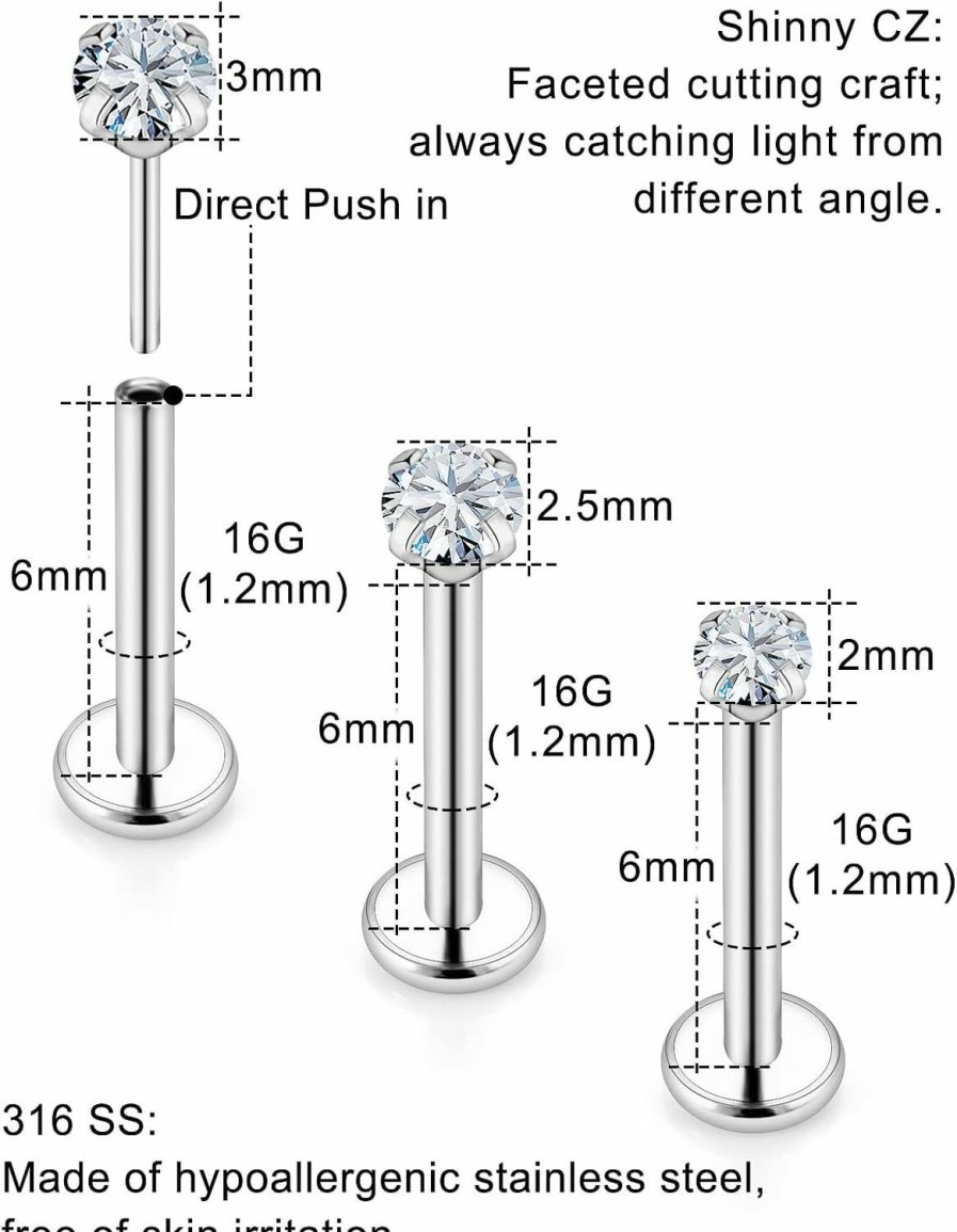 Hnxnskt Body Piercing Studs | Hnxnskt Threadless Push In Nose Rings Studs Surgical Steel Medusa Piercing Jewelry Lip Rings Labret Monroe Tragus Helix Cartilage Earrings Studs For Women Men 16G 18G 20G