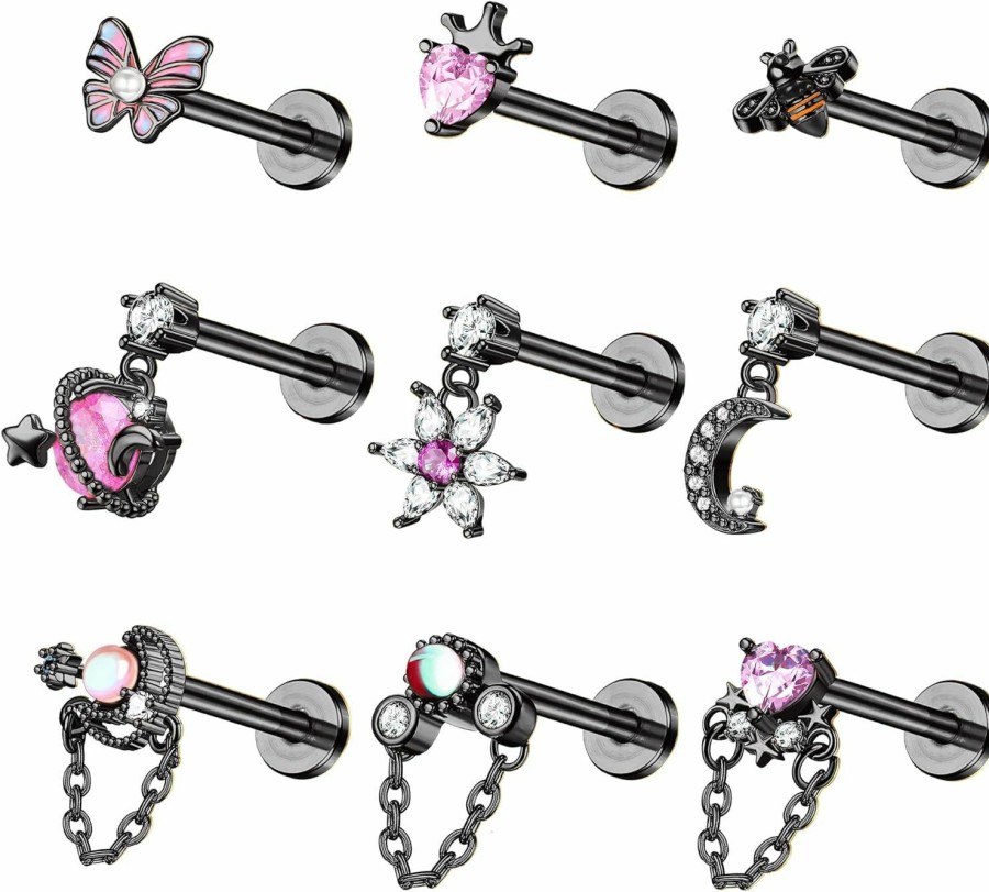 JOERICA Body Piercing Studs | Joerica 9Pcs 16G Dangle Cartilage Stud Earrings For Women 316L Stainless Steel Top Screw Flat Earrings Butterfly Flower Moon Heart Cz Helix Tragus Conch Cartilage Stud Ear Piercing Jewelry