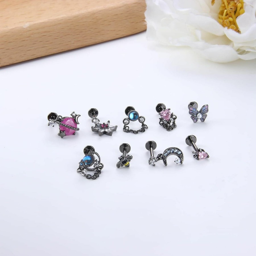 JOERICA Body Piercing Studs | Joerica 9Pcs 16G Dangle Cartilage Stud Earrings For Women 316L Stainless Steel Top Screw Flat Earrings Butterfly Flower Moon Heart Cz Helix Tragus Conch Cartilage Stud Ear Piercing Jewelry