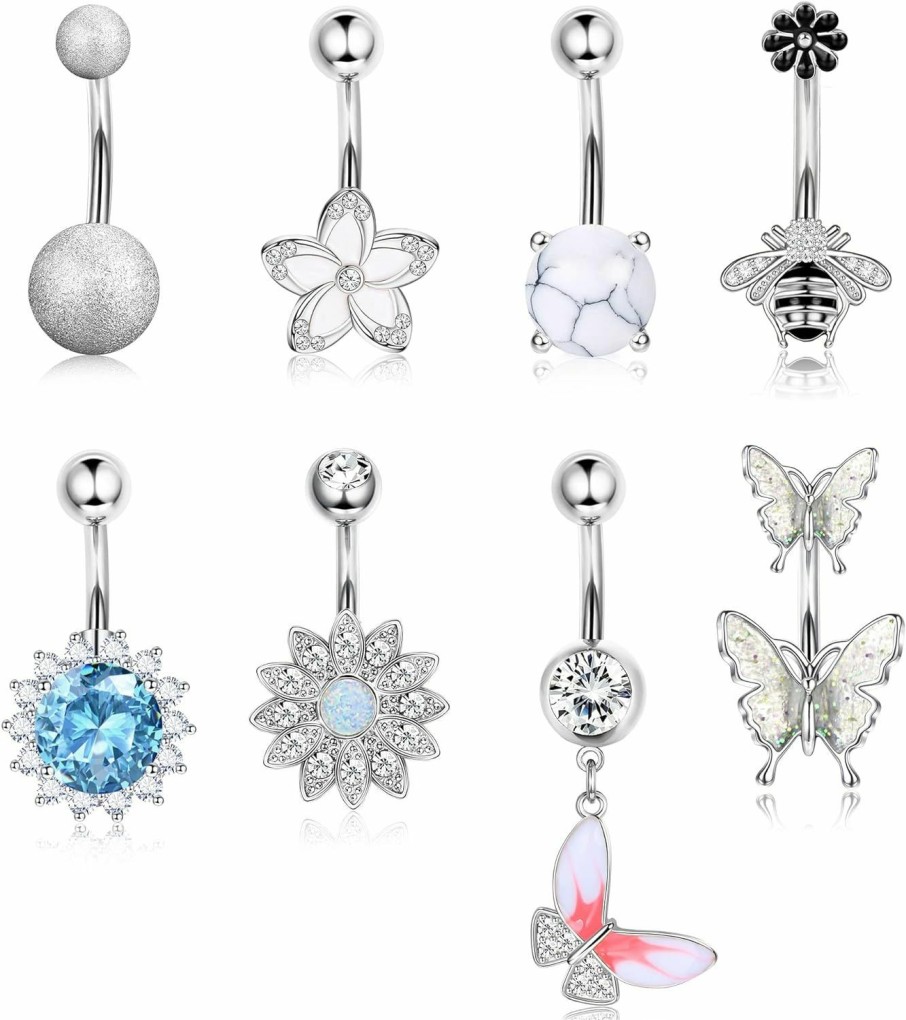 Dochais Body Piercing Studs | Dochais 8Pcs Belly Button Ring, Surgical Steel Belly Rings For Women Stainless Steel Opal Pearl Sparkling Cz Belly Piercing Jewelry Sunflower Butterfly Piercing Jewelry