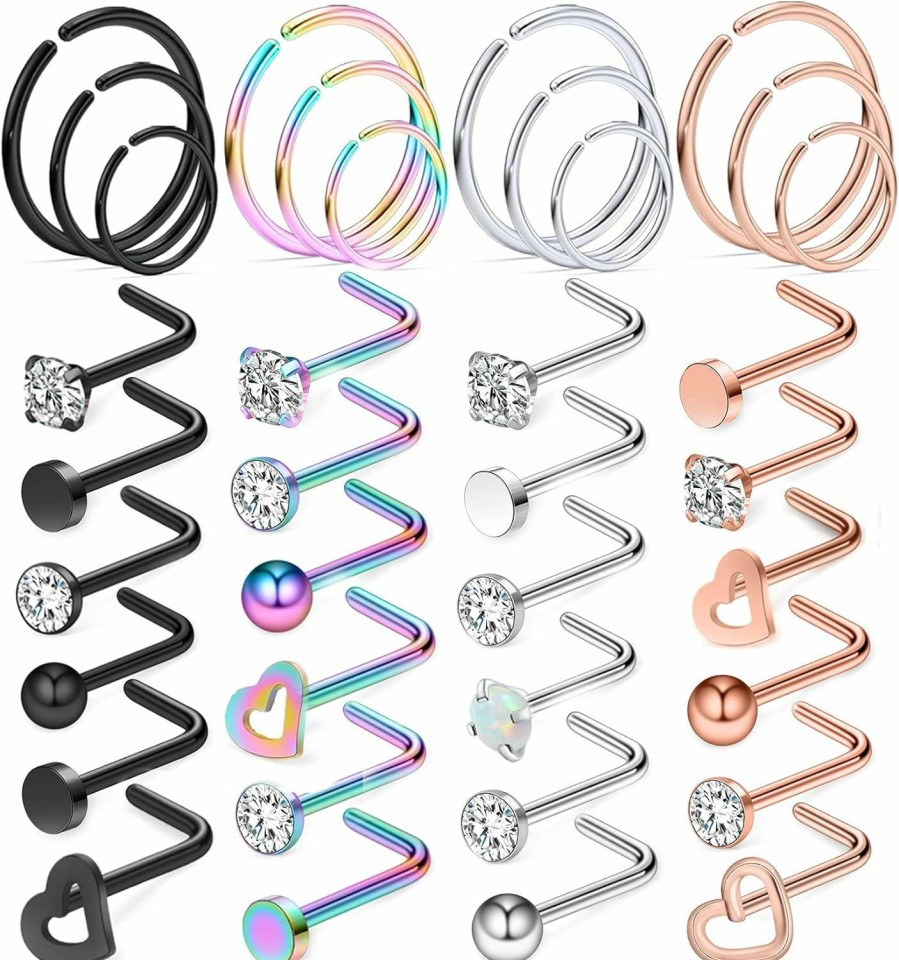 Yaalozei Body Piercing Studs | Yaalozei 18G 20G 22G Nose Rings Studs 316L Surgical Steel Hypoallergenic L Shape Screw Nose Rings Nose Hoop Diamond Heart Nostril Nose Piercing Jewelry For Women Men Silver Rose Gold Black Rainbow