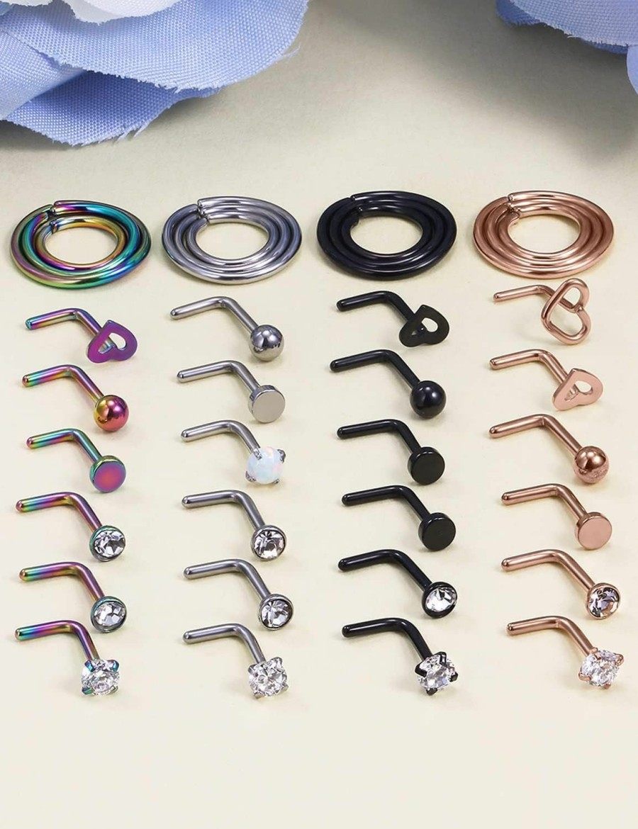 Yaalozei Body Piercing Studs | Yaalozei 18G 20G 22G Nose Rings Studs 316L Surgical Steel Hypoallergenic L Shape Screw Nose Rings Nose Hoop Diamond Heart Nostril Nose Piercing Jewelry For Women Men Silver Rose Gold Black Rainbow