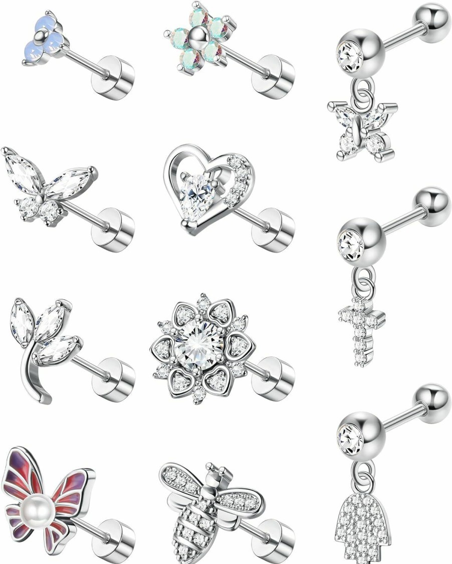 FIBO STEEL Body Piercing Studs | Fibo Steel 11Pcs 16G Cartilage Stud Earring 316L Stainless Steel Cz Dangle Earrings For Women Butterfly Flower Heart Hypollergenic Flat Back Earrings Tragus Couch Helix Piercing Jewelry