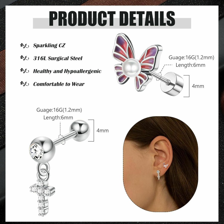 FIBO STEEL Body Piercing Studs | Fibo Steel 11Pcs 16G Cartilage Stud Earring 316L Stainless Steel Cz Dangle Earrings For Women Butterfly Flower Heart Hypollergenic Flat Back Earrings Tragus Couch Helix Piercing Jewelry